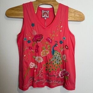 Johnny Was Embroidered Celina Tank Top Raw Edge V-Neck Peacock Floral Pink XS‎